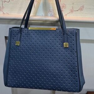 J Crew Blue Leather Expandable Tote with Fleurette Detailing